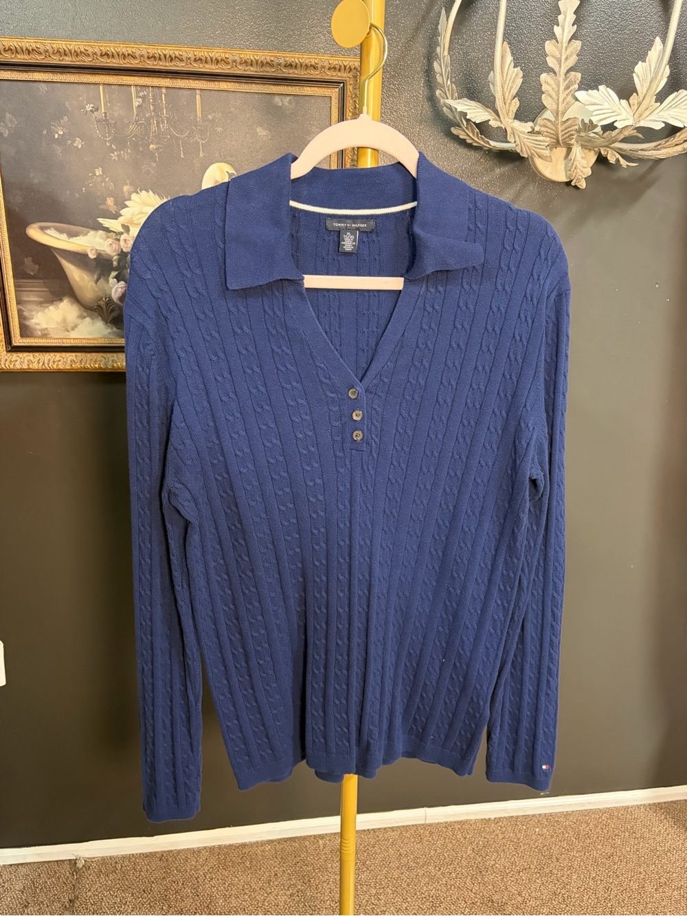 Tommy Hilfiger Navy Cable Knit V-Neck Polo Sweater